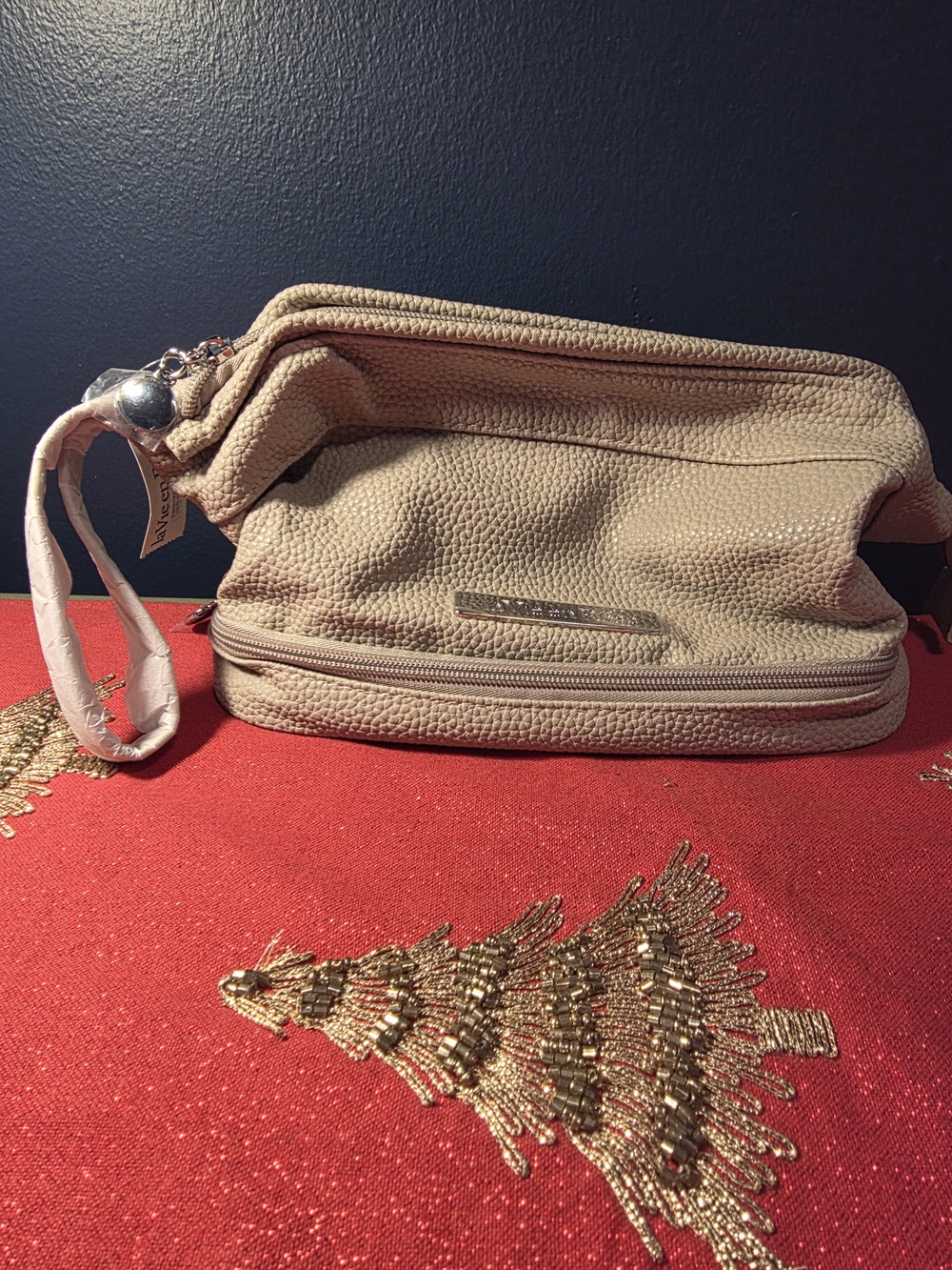 NWT French Connection Beige Pebbled Faux Leather Cosmetic Bag Wristlet Travel Ca